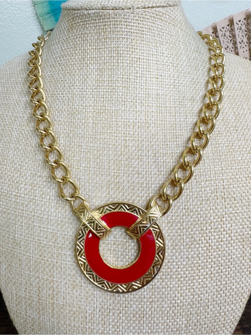 Monet Gold Plated Chain Necklace with Red Enamel Circle Pendant Regatta 1984